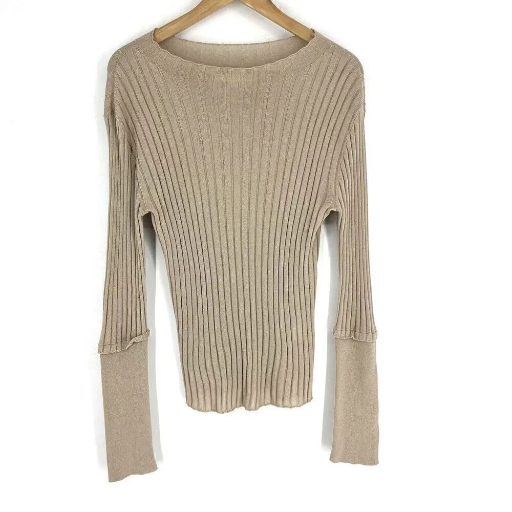 Moussy Vintage Sweater Size Large Womens Beige Ribbed Pullover Boat Neck Knit